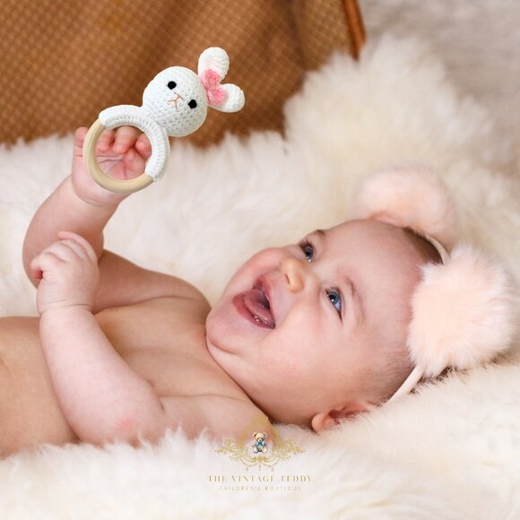 NWT Cute Handmade Crochet Bunny Baby Rattle Baby & Toddler Wooden Plush Toys - Picture 3 of 3